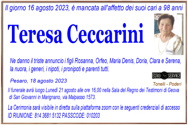 manifesto funebre di Teresa Ceccarini