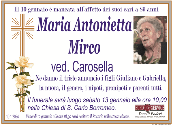 manifesto funebre di Maria Antonietta Mirco