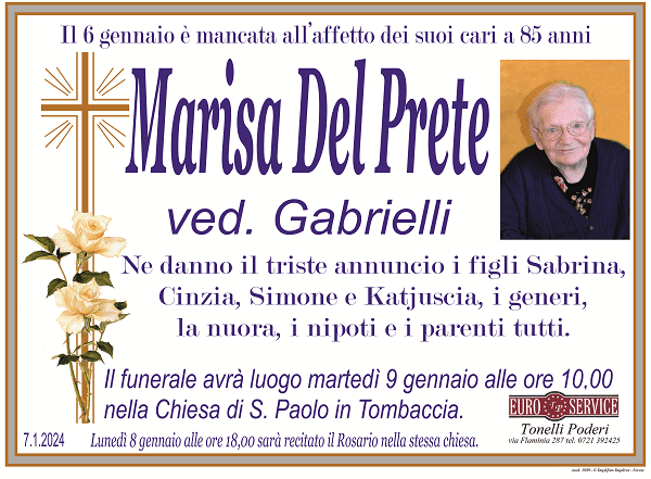 manifesto funebre di Marisa Del Prete