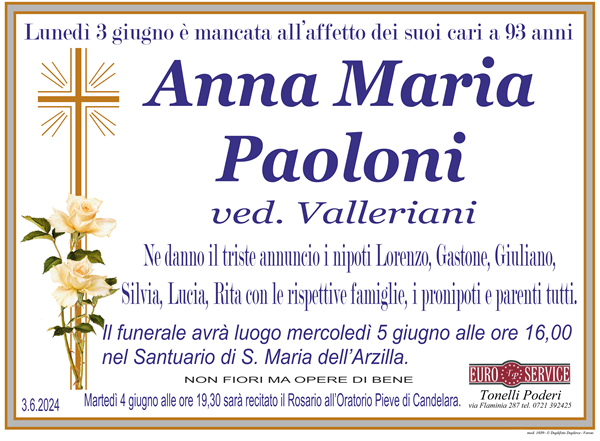 manifesto funebre di Anna Maria Paoloni