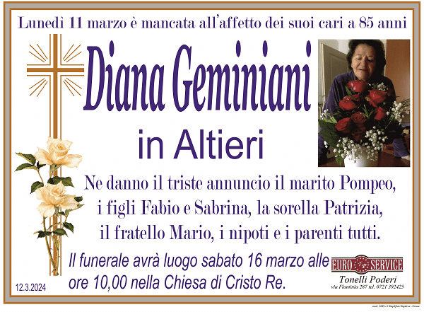 manifesto funebre di Diana Geminiani